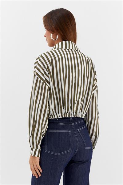 Beli Lastikli Çizgili Crop Gömlek Haki / Beyaz