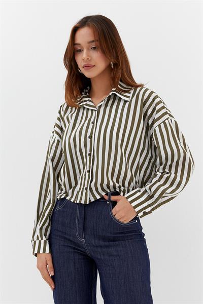 Beli Lastikli Çizgili Crop Gömlek Haki / Beyaz