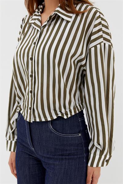 Beli Lastikli Çizgili Crop Gömlek Haki / Beyaz
