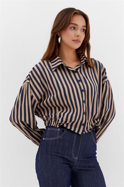 Beli Lastikli Çizgili Crop Gömlek Lacivert / Bej