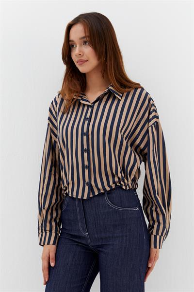 Beli Lastikli Çizgili Crop Gömlek Lacivert / Bej