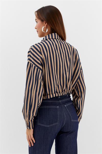 Beli Lastikli Çizgili Crop Gömlek Lacivert / Bej