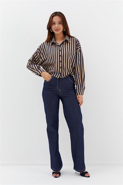 Beli Lastikli Çizgili Crop Gömlek Lacivert / Bej