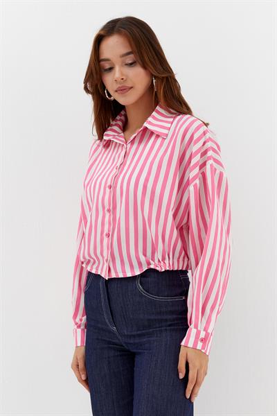 Beli Lastikli Çizgili Crop Gömlek Pembe / Beyaz