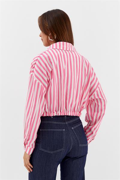 Beli Lastikli Çizgili Crop Gömlek Pembe / Beyaz