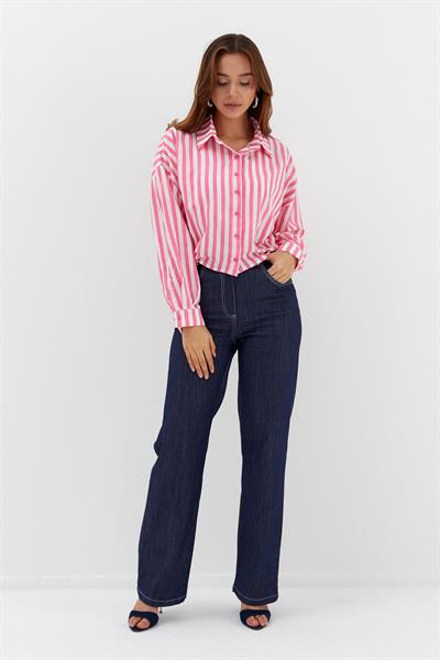 Beli Lastikli Çizgili Crop Gömlek Pembe / Beyaz