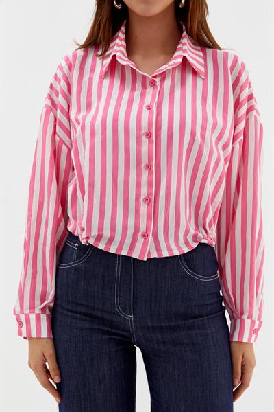 Beli Lastikli Çizgili Crop Gömlek Pembe / Beyaz