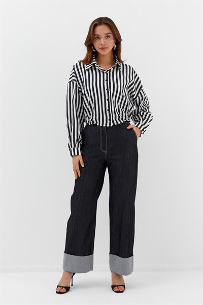 Beli Lastikli Çizgili Crop Gömlek Siyah / Beyaz