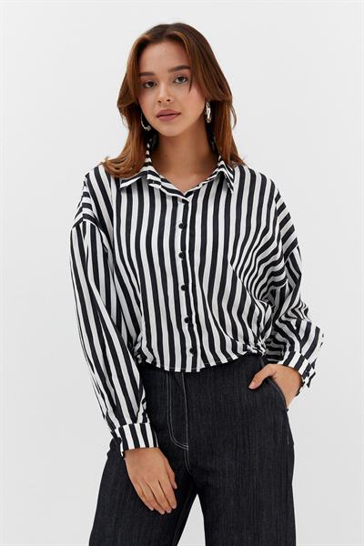 Beli Lastikli Çizgili Crop Gömlek Siyah / Beyaz