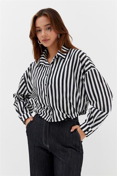 Beli Lastikli Çizgili Crop Gömlek Siyah / Beyaz