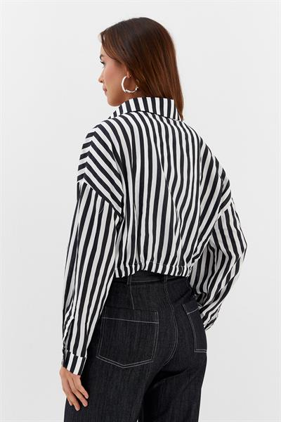 Beli Lastikli Çizgili Crop Gömlek Siyah / Beyaz