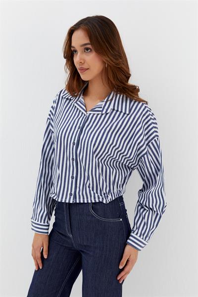 Beli Lastikli Çizgili Gömlek İndigo