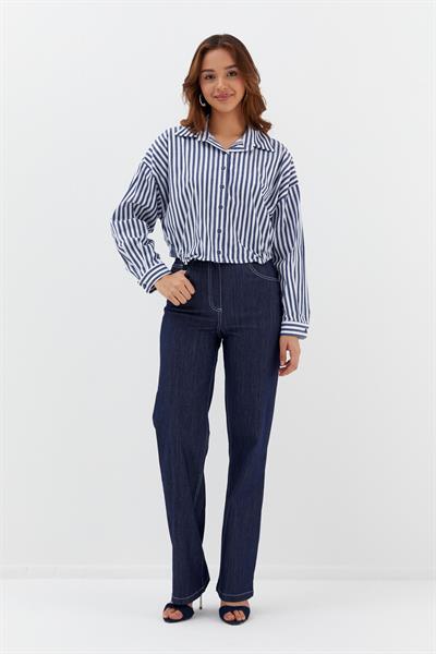 Beli Lastikli Çizgili Gömlek İndigo