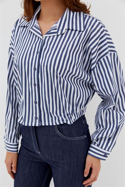 Beli Lastikli Çizgili Gömlek İndigo