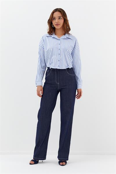Beli Lastikli Çizgili Gömlek Mavi