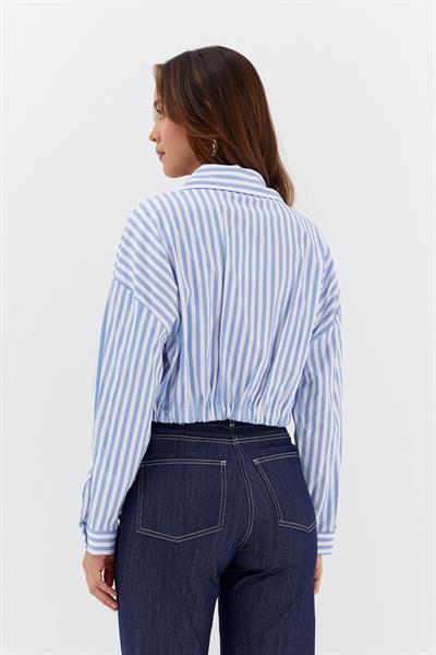 Beli Lastikli Çizgili Gömlek Mavi