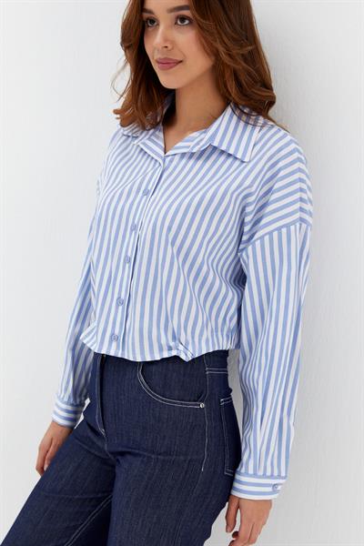 Beli Lastikli Çizgili Gömlek Mavi