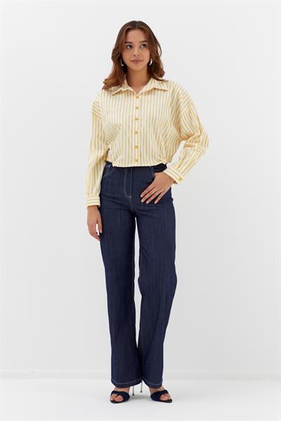 Beli Lastikli Çizgili Gömlek Sarı