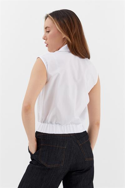 Beli Lastikli Kolsuz Poplin Gömlek Beyaz