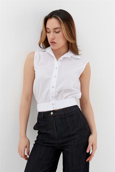 Beli Lastikli Kolsuz Poplin Gömlek Beyaz