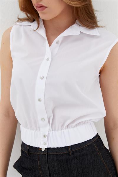 Beli Lastikli Kolsuz Poplin Gömlek Beyaz