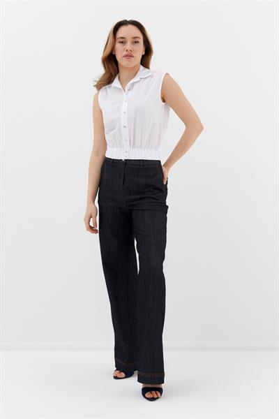 Beli Lastikli Kolsuz Poplin Gömlek Beyaz