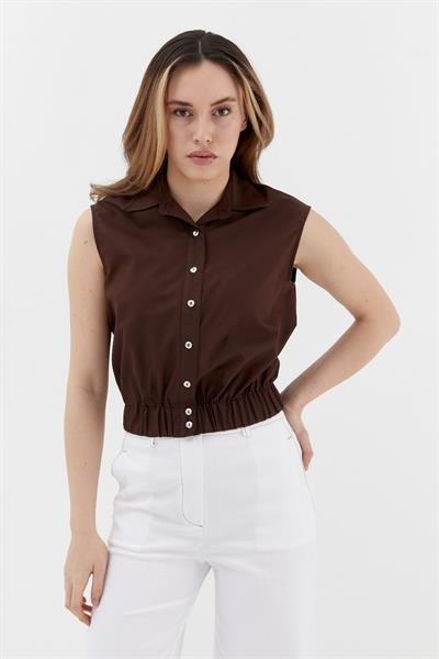 Beli Lastikli Kolsuz Poplin Gömlek Kahverengi