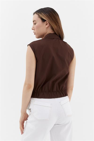 Beli Lastikli Kolsuz Poplin Gömlek Kahverengi