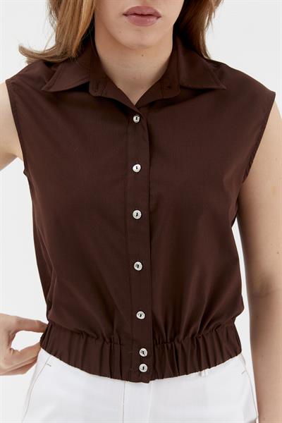 Beli Lastikli Kolsuz Poplin Gömlek Kahverengi