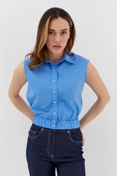 Beli Lastikli  Kolsuz Poplin Gömlek Mavi