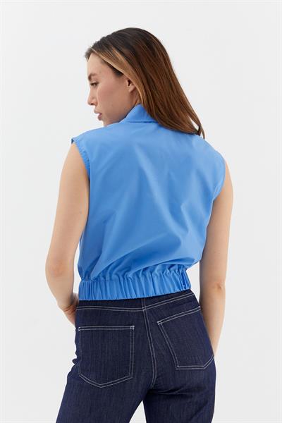 Beli Lastikli  Kolsuz Poplin Gömlek Mavi