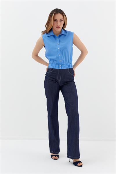 Beli Lastikli  Kolsuz Poplin Gömlek Mavi