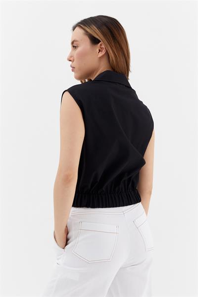 Beli Lastikli Kolsuz Poplin Gömlek Siyah