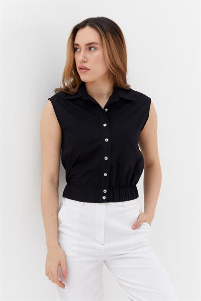 Beli Lastikli Kolsuz Poplin Gömlek Siyah