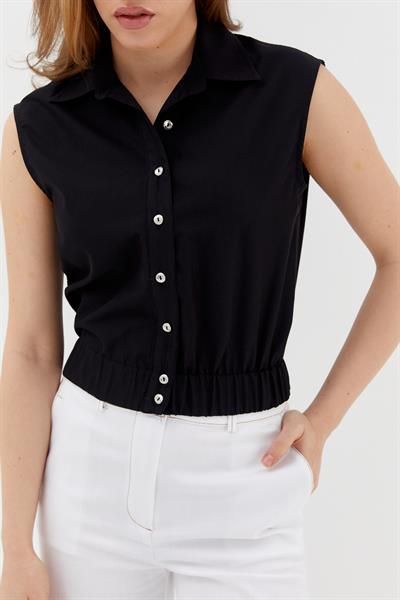 Beli Lastikli Kolsuz Poplin Gömlek Siyah