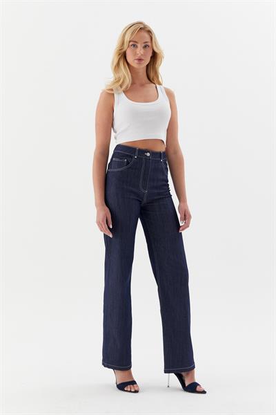 Beyaz Dikişli Slim Pantolon İndigo