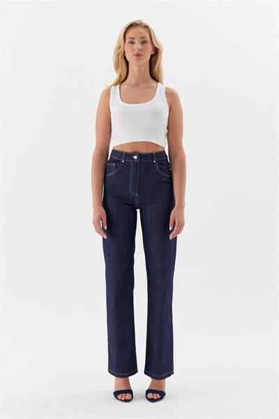 Beyaz Dikişli Slim Pantolon İndigo