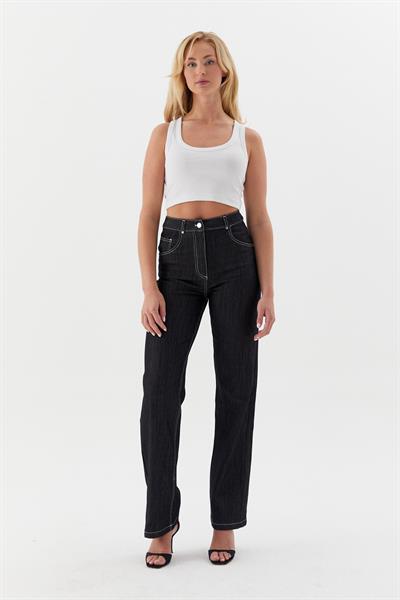 Beyaz Dikişli Slim Pantolon Siyah