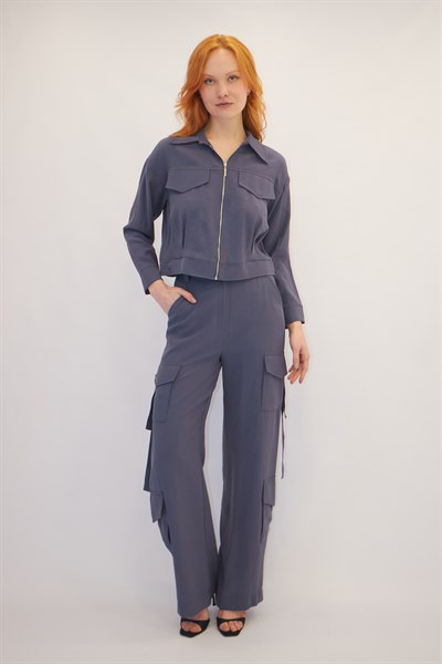 Cep Detaylı Fermuarlı Takım  İndigo