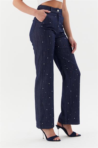 Çerçeve Taşlı Denim Pantolon İndigo