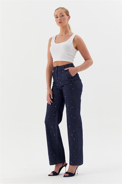 Çerçeve Taşlı Denim Pantolon İndigo