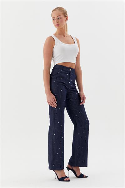Çerçeve Taşlı Denim Pantolon İndigo