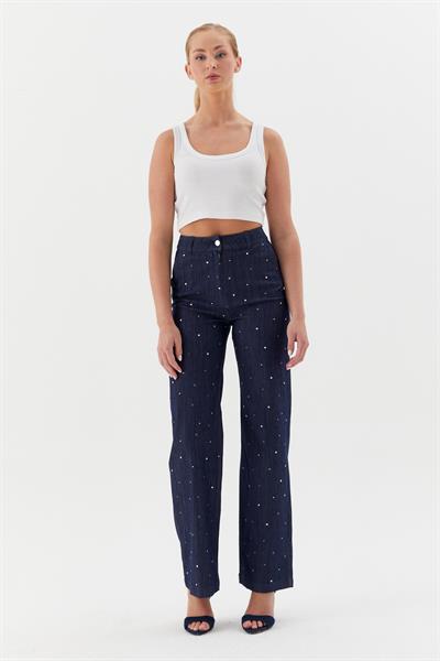 Çerçeve Taşlı Denim Pantolon İndigo