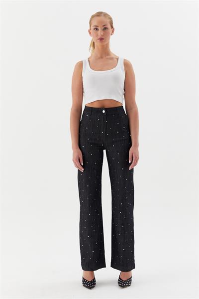 Çerçeve Taşlı Denim Pantolon Siyah