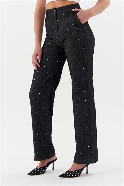 Çerçeve Taşlı Denim Pantolon Siyah