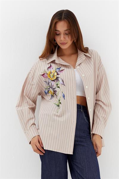 Çiçek Baskılı Oversize Gömlek Bej