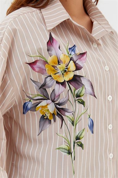 Çiçek Baskılı Oversize Gömlek Bej