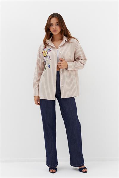 Çiçek Baskılı Oversize Gömlek Bej