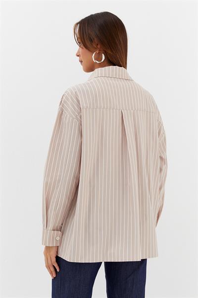 Çiçek Baskılı Oversize Gömlek Bej