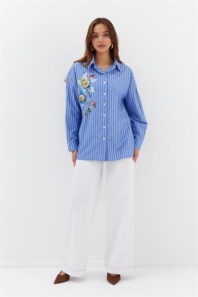 Çiçek Baskılı Oversize Gömlek İndigo